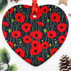 Background Poppies Flowers Seamless Ornamental Heart Ornament (two Sides) by Ravend