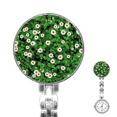 Daisies Clovers Lawn Digital Drawing Background Stainless Steel Nurses Watch by Ravend