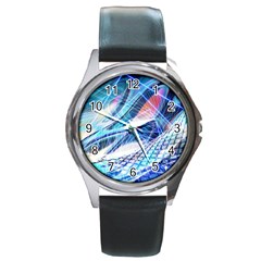 Background Neon Geometric Cubes Colorful Lights Round Metal Watch