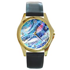 Background Neon Geometric Cubes Colorful Lights Round Gold Metal Watch