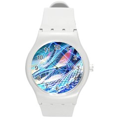 Background Neon Geometric Cubes Colorful Lights Round Plastic Sport Watch (M)