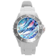 Background Neon Geometric Cubes Colorful Lights Round Plastic Sport Watch (L)