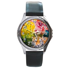 Rainbow Painted Nature Bigcat Round Metal Watch by Sparkle