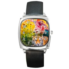 Rainbow Painted Nature Bigcat Square Metal Watch by Sparkle