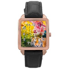 Rainbow Painted Nature Bigcat Rose Gold Leather Watch  by Sparkle