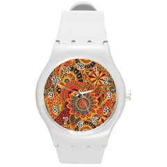 Bright Seamless Pattern-with-paisley-mehndi-elements-hand-drawn-wallpaper-with-floral-traditional-in Round Plastic Sport Watch (m) by BangZart