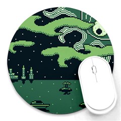 Ship Sea Monster Boat Island Night Pixel Round Mousepad by Pakemis