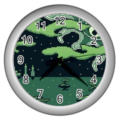 Ship Sea Monster Boat Island Night Pixel Wall Clock (silver) by Pakemis