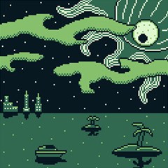 Ship Sea Monster Boat Island Night Pixel Play Mat (square) by Pakemis