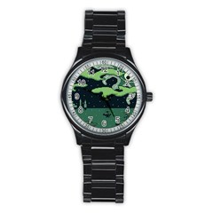 Ship Sea Monster Boat Island Night Pixel Stainless Steel Round Watch by Pakemis