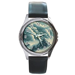 Mountains Alps Nature Clouds Sky Fresh Air Art Round Metal Watch by Pakemis