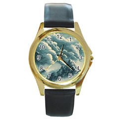 Mountains Alps Nature Clouds Sky Fresh Air Art Round Gold Metal Watch by Pakemis