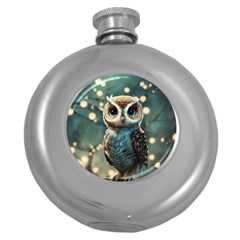 Owl Bird Bird Of Prey Ornithology Animal Round Hip Flask (5 Oz) by Pakemis