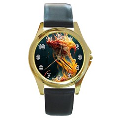 Flame Deep Sea Underwater Creature Wild Round Gold Metal Watch by Pakemis