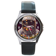 Astronaut Universe Planting Flowers Cosmos Jpg Round Metal Watch