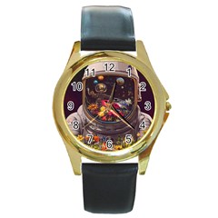 Astronaut Universe Planting Flowers Cosmos Jpg Round Gold Metal Watch