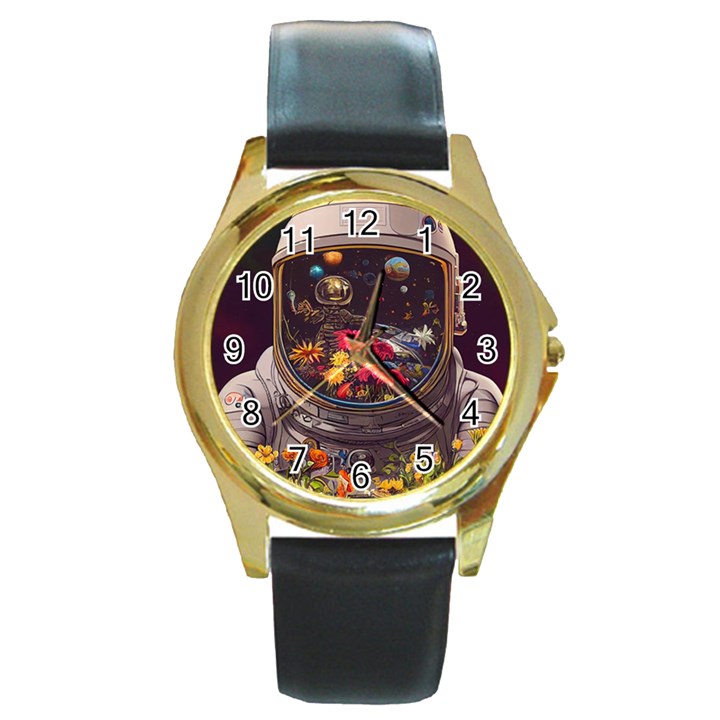 Astronaut Universe Planting Flowers Cosmos Jpg Round Gold Metal Watch