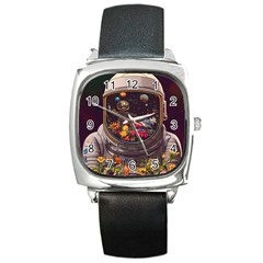 Astronaut Universe Planting Flowers Cosmos Jpg Square Metal Watch