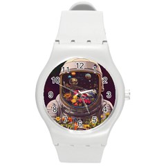 Astronaut Universe Planting Flowers Cosmos Jpg Round Plastic Sport Watch (M)