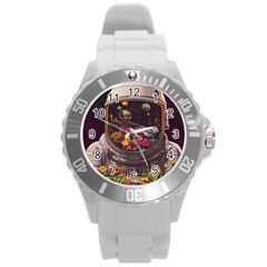 Astronaut Universe Planting Flowers Cosmos Jpg Round Plastic Sport Watch (L)