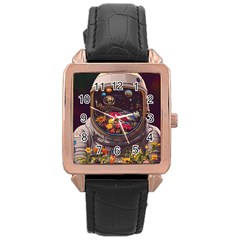 Astronaut Universe Planting Flowers Cosmos Jpg Rose Gold Leather Watch 