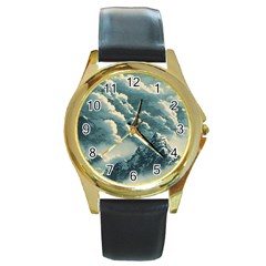 Mountains Alps Nature Clouds Sky Fresh Air Round Gold Metal Watch by Pakemis