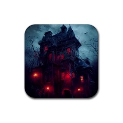 Haunted House Halloween Cemetery Moonlight Rubber Coaster (square) by Pakemis