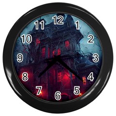 Haunted House Halloween Cemetery Moonlight Wall Clock (black) by Pakemis