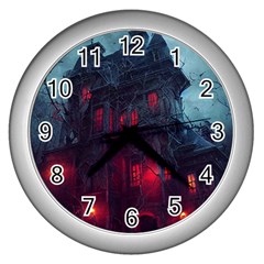 Haunted House Halloween Cemetery Moonlight Wall Clock (silver) by Pakemis