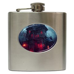 Haunted House Halloween Cemetery Moonlight Hip Flask (6 Oz)