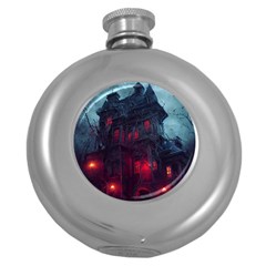 Haunted House Halloween Cemetery Moonlight Round Hip Flask (5 Oz) by Pakemis