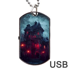 Haunted House Halloween Cemetery Moonlight Dog Tag Usb Flash (one Side) by Pakemis