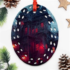 Haunted House Halloween Cemetery Moonlight Ornament (oval Filigree) by Pakemis