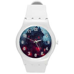 Haunted House Halloween Cemetery Moonlight Round Plastic Sport Watch (m) by Pakemis