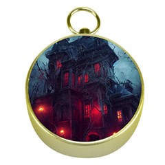 Haunted House Halloween Cemetery Moonlight Gold Compasses by Pakemis