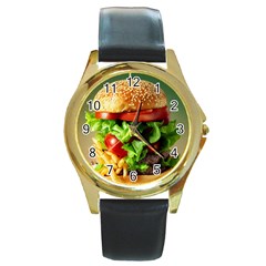 Hamburger Cheeseburger Burger 3d Render Snack Round Gold Metal Watch by Pakemis