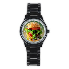 Hamburger Cheeseburger Burger 3d Render Snack Stainless Steel Round Watch by Pakemis