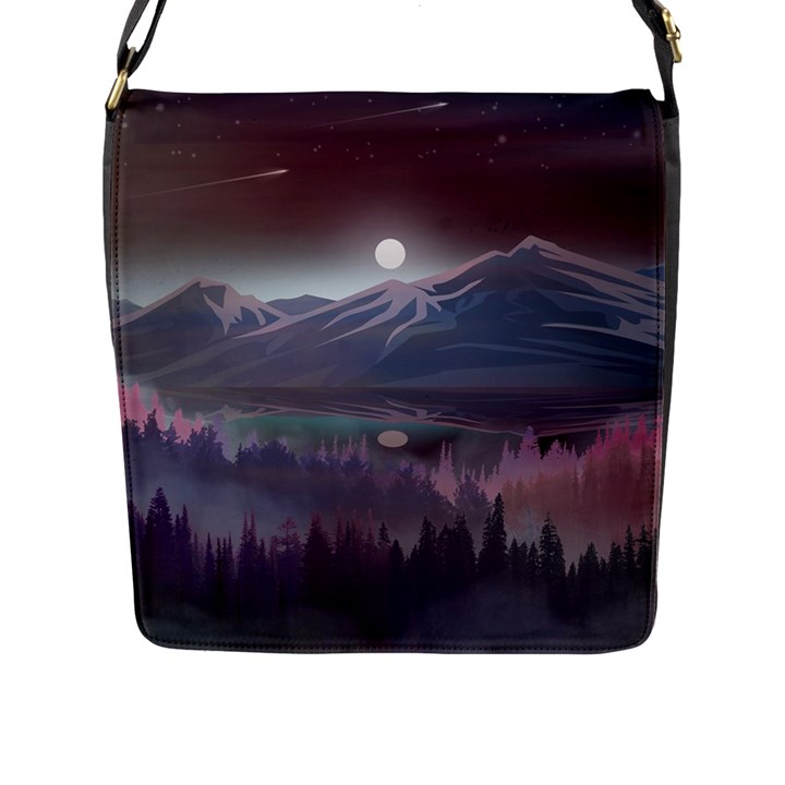 Mountains Nature Forest Moon Landscape Moonlight Flap Closure Messenger Bag (L)