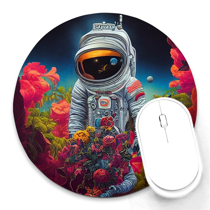 Astronaut Universe Planting Flowers Cosmos Galaxy Round Mousepad