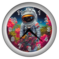 Astronaut Universe Planting Flowers Cosmos Galaxy Wall Clock (silver) by Pakemis