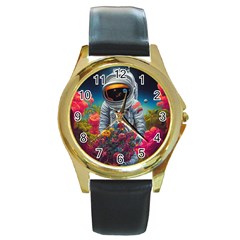 Astronaut Universe Planting Flowers Cosmos Galaxy Round Gold Metal Watch by Pakemis