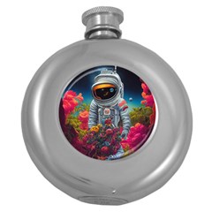 Astronaut Universe Planting Flowers Cosmos Galaxy Round Hip Flask (5 Oz) by Pakemis