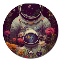 Astronaut Universe Planting Flowers Cosmos Art Magnet 5  (round) by Pakemis