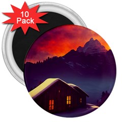 Cabin Mountains Snow Sun Winter Dusk 3  Magnets (10 Pack)  by Pakemis