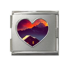 Cabin Mountains Snow Sun Winter Dusk Mega Link Heart Italian Charm (18mm) by Pakemis