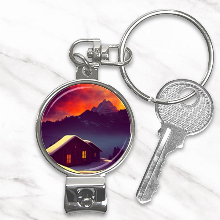 Cabin Mountains Snow Sun Winter Dusk Nail Clippers Key Chain