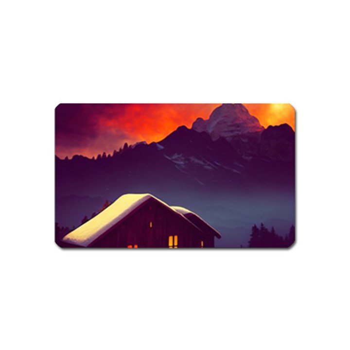 Cabin Mountains Snow Sun Winter Dusk Magnet (Name Card)