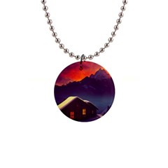 Cabin Mountains Snow Sun Winter Dusk 1  Button Necklace by Pakemis