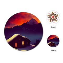 Cabin Mountains Snow Sun Winter Dusk Playing Cards Single Design (round) by Pakemis