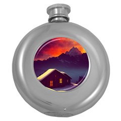 Cabin Mountains Snow Sun Winter Dusk Round Hip Flask (5 Oz) by Pakemis